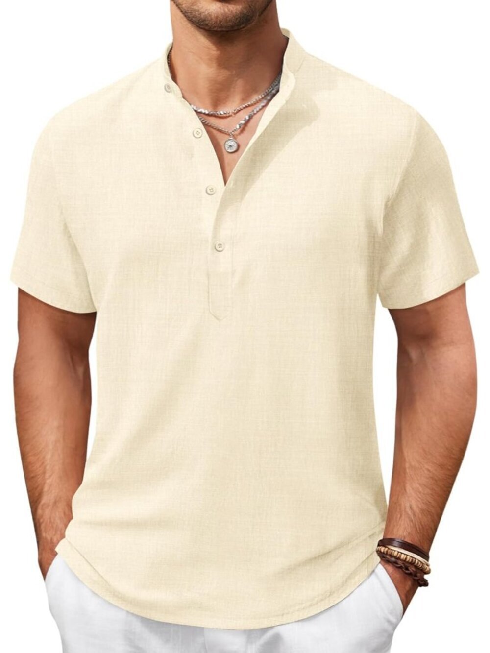 Men's Biege Casual Henley Shirt Short Sleeve Linen Beach Summer Tops